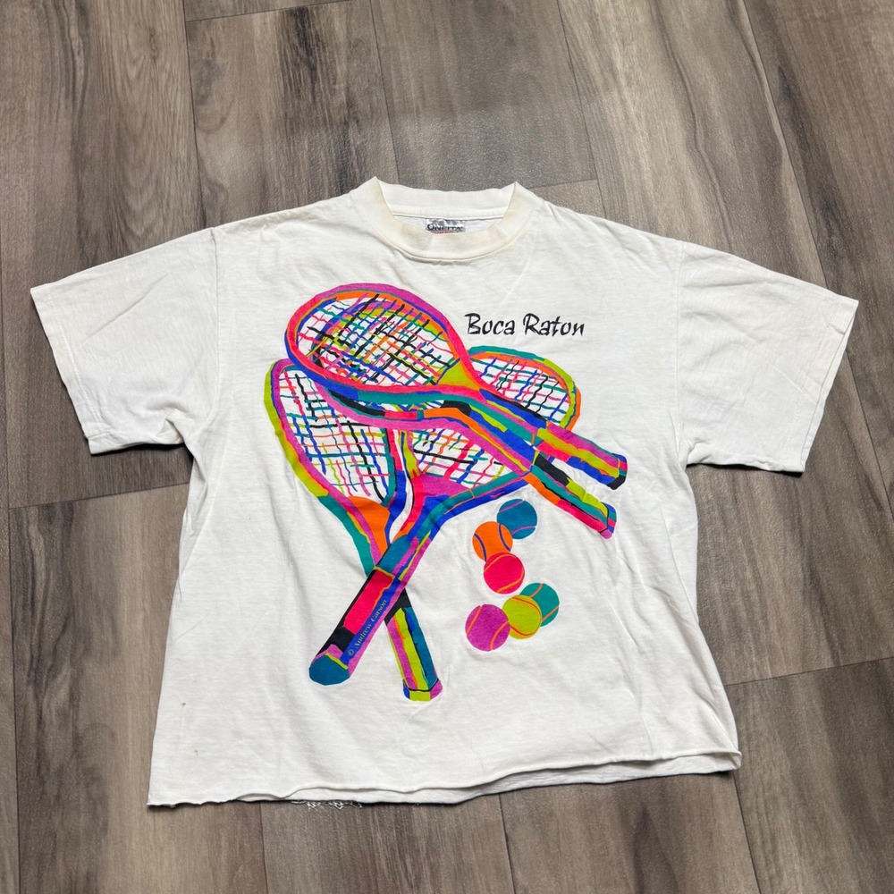 Vintage Oneita Boca Raton Tennis T-Shirt Andrew Carson Neon Single Stitch M